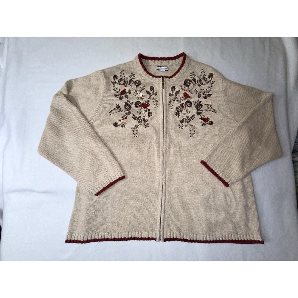 Croft & Barrow Embroidered Bird Zip Cardigan Sweater Women 2X Beige Cottagecore